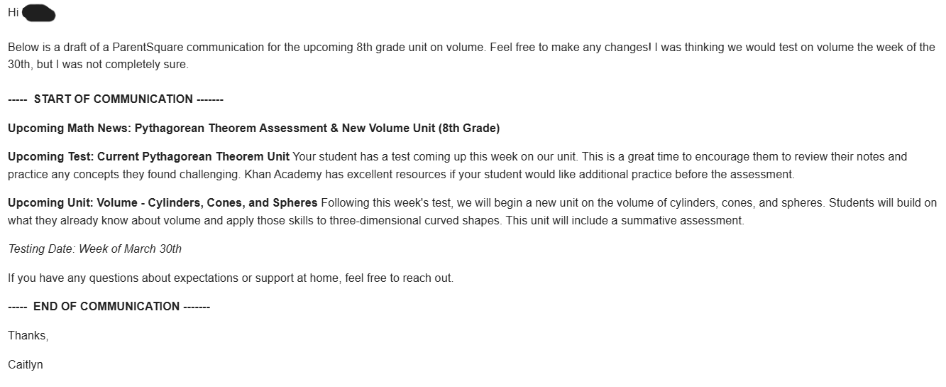 Draft of email sent to mentor teacher for review